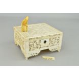 A LATE 19TH/EARLY 20TH CENTURY CHINESE CANTON IVORY SQUARE BOX, the hinged cover and sides carved