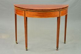 A GEORGE III GILLOWS MAHOGANY, SATINWOOD BANDED AND EBONY STRUNG D SHAPED FOLD OVER CARD TABLE,