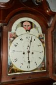 AN EARLY 19TH CENTURY MAHOGANY AND INLAID EIGHT DAY LONGCASE CLOCK, the hood with broken swan neck