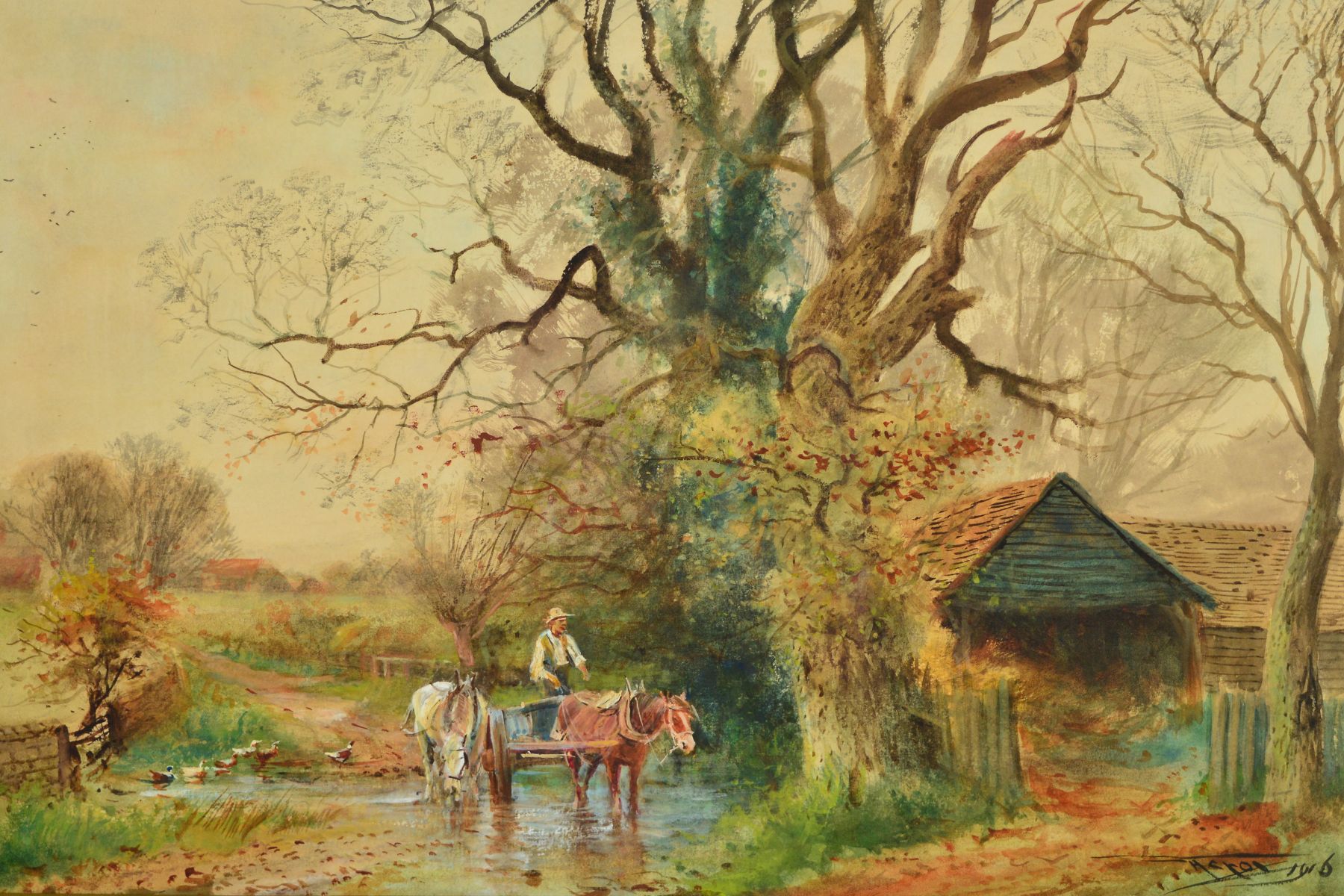 HENRY CHARLES FOX (BRITISH 1855-1929), Watering in The Ford, Autumnal country scene with figure in a - Image 2 of 5