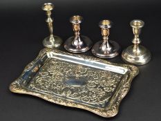 AN ELIZABETH II RECTANGULAR SILVER DRESSING TABLE TRAY, embossed foliate decoration, makers Carr's