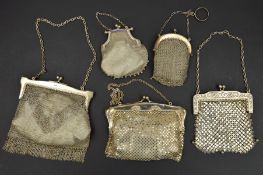 A GEORGE V SILVER LADIES MESH EVENING BAG, London 1919, another silver mounted evening bag with