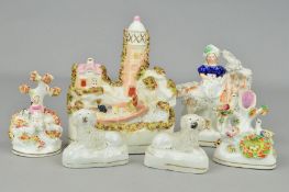 A GROUP OF SIX PIECES OF VICTORIAN STAFFORDSHIRE POTTERY, to include a figure group in a boat by a