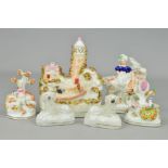 A GROUP OF SIX PIECES OF VICTORIAN STAFFORDSHIRE POTTERY, to include a figure group in a boat by a