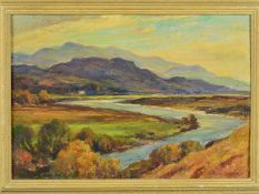 OWEN BOWEN ROI (BRITISH 1873-1967), untitled, a river winding through open countryside, oil on
