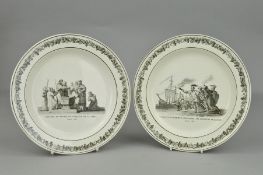 A PAIR OF EARLY 19TH CENTURY FRENCH CREIL CREAMWARE DESSERT PLATES, with transfer printed monochrome
