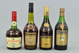 FOUR BOTTLES OF COGNAC, to include a bottle of Martell Medaillon Liqueur Cognac, 24fl ozs, fill