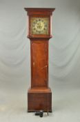 A LATE 18TH CENTURY OAK EIGHT DAY LONGCASE CLOCK, the moulded pediment on plain columns, the