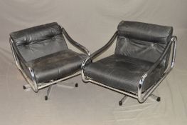 TIM BATES FOR PIEFF, BETA RANGE, a pair of chrome framed swivel chairs with black leather style