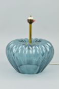 A VINTAGE SWEDISH RIBBED PUMPKIN SHAPED BLUE GLASS LAMP BASE, with the remains of a paper label,