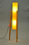 A 1960'S/1970'S TEAK FLOOR STANDING ROCKET LAMP, having cylindrical yellow spun fibreglass shade,