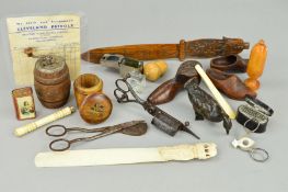 A BOX OF 19TH AND EARLY 20TH CENTURY COLLECTABLES, sewing and needlework requisites, etc,