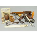 A BOX OF 19TH AND EARLY 20TH CENTURY COLLECTABLES, sewing and needlework requisites, etc,
