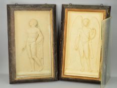 A PAIR OF VICTORIAN CAST PLASTER PLAQUES IN RELIEF DEPICTING A CLASSICAL MALE AND A MALE ANGEL, both