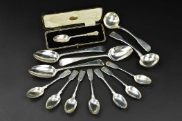 A PARCEL OF SILVER FLATWARE, including a pair of George III Fiddle pattern sauce ladles, engraved