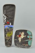 AWF OF NORWAY, two ceramic enamel painted wall plaques, depicting a Quayside and a rider on a horse,