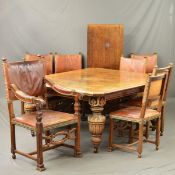 A VICTORIAN OAK WIND OUT DINING TABLE, of rectangular form with canted corners, on bulbous turned