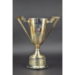 A GEORGE V SILVER CONICAL TWIN HANDLED TROPHY CUP, angular handles, presentation inscription 'Team