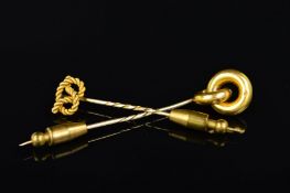 TWO LATE VICTORIAN STICKPINS, the first of rope twist knot design, the second two interlocking