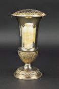 AN ELIZABETH II SILVER VASE, of conical form, flared rim with flower grille above plain sides,