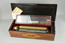 A LATE 19TH CENTURY ROSEWOOD AND INLAID CASED MUSIC BOX, the hinged lid cover with musical
