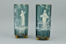 A PAIR OF LATE 19TH CENTURY MARY GREGORY STYLE BLUE/GREY GLASS VASES, of ribbed cylindrical form,
