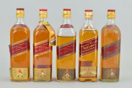 FIVE BOTTLES OF JOHNNIE WALKER RED LABEL SCOTCH WHISKY, to include bottles of imperial and metric