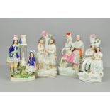 FOUR VICTORIAN STAFFORDSHIRE POTTERY FIGURE GROUPS, comprising Robbie Burns and Highland Mary, a
