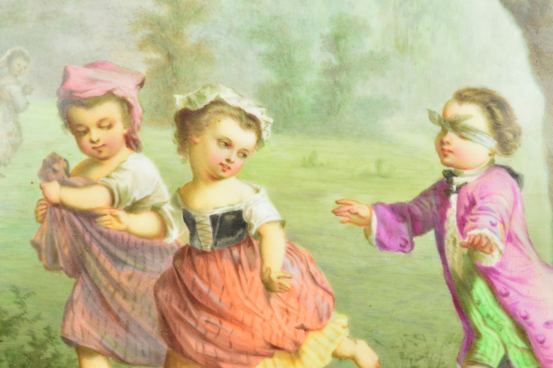 A 19TH CENTURY RECTANGULAR PORCELAIN PLAQUE, painted with children in mid/late 18th Century - Image 5 of 5