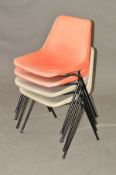 ROBIN DAY FOR HILLE, two pairs of stacking chairs, in orange and grey (original sales receipt