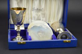 A CASED PAIR OF ELIZABETH II SILVER LICHFIELD CATHEDRAL ANNIVERSARY GOBLETS AND COASTERS,