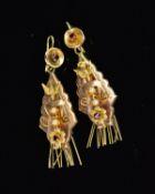 A PAIR OF GOLD VICTORIAN GARNET AND PEARL LONG DROP EARRINGS, decorated with a dove and floral