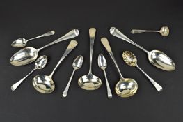 A PAIR OF GEORGE III SILVER HANOVARIAN TABLESPOONS, engraved initials S over T.A. to handles,