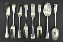 A SET OF SIX VICTORIAN OLD ENGLISH PATTERN TABLE FORKS AND A PAIR OF MATCHING TABLE SPOONS, maker