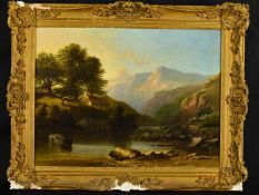 JAMES POOLE (BRITISH 1804-1886), Mountainous river landscape with figures in the grounds of a