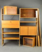 STAPLES LADDERAX TEAK THREE BAY ROOM DIVIDER SHELVING SYSTEM, comprising of four beech laddered