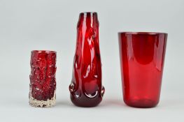 THREE WHITEFRIARS ART GLASS VASES, to include a 15cm ruby red bark vase with paper label, a ruby red