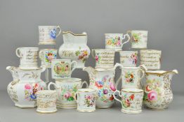 A COLLECTION OF VICTORIAN BONE CHINA JUGS, LOVING CUPS AND MUGS, etc, many painted with flowers