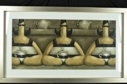 IAN RAWLING (BRITISH 1966), 'Take Five', depicting three ladies drinking tea, oil pastel on board,