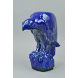 RYE POTTERY, a ceramic sculpture of a Bird of Prey by D.T. Sharp, covered in a blue and green glaze,