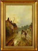 JAMES WALTER GOZZARD (BRITISH 1888-1950), Village Street scene at dusk, with horse and cart on the