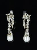 A PAIR OF CULTURED PEARL AND DIAMOND FOLIATE DESIGN DROP EARRINGS, post and hinge fittings,