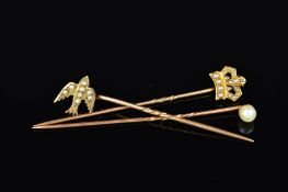 THREE PEARL STICKPINS, the first designed as a crown set with split pearls, the second a swallow set