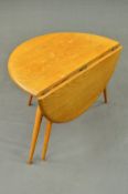 AN ERCOL ELM 1960'S CIRCULAR TOPPED DROP-LEAF OCCASIONAL TABLE, on cylindrical tapering legs,