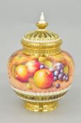 A ROYAL WORCESTER FRUIT STUDY POT POURRI, with inner and outer covers, decorated by D. Shinnie,