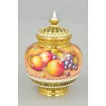 A ROYAL WORCESTER FRUIT STUDY POT POURRI, with inner and outer covers, decorated by D. Shinnie,