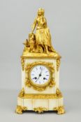 A MID 19TH CENTURY FRENCH GILT METAL AND WHITE MARBLE MANTEL CLOCK BY RAINGO FRERES OF PARIS, the