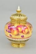 A ROYAL WORCESTER FRUIT STUDY POT POURRI, with inner and outer covers, decorated by T. Nutt, shape