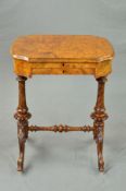 A VICTORIAN BURR WALNUT LADIES WRITING/WORK TABLE, the shaped rectangular hinged top enclosing a