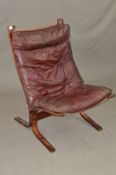 INGMAR RELLING FOR WESTNOFA NORWAY, a siesta chair with burgundy leather on a wooden frame (label to